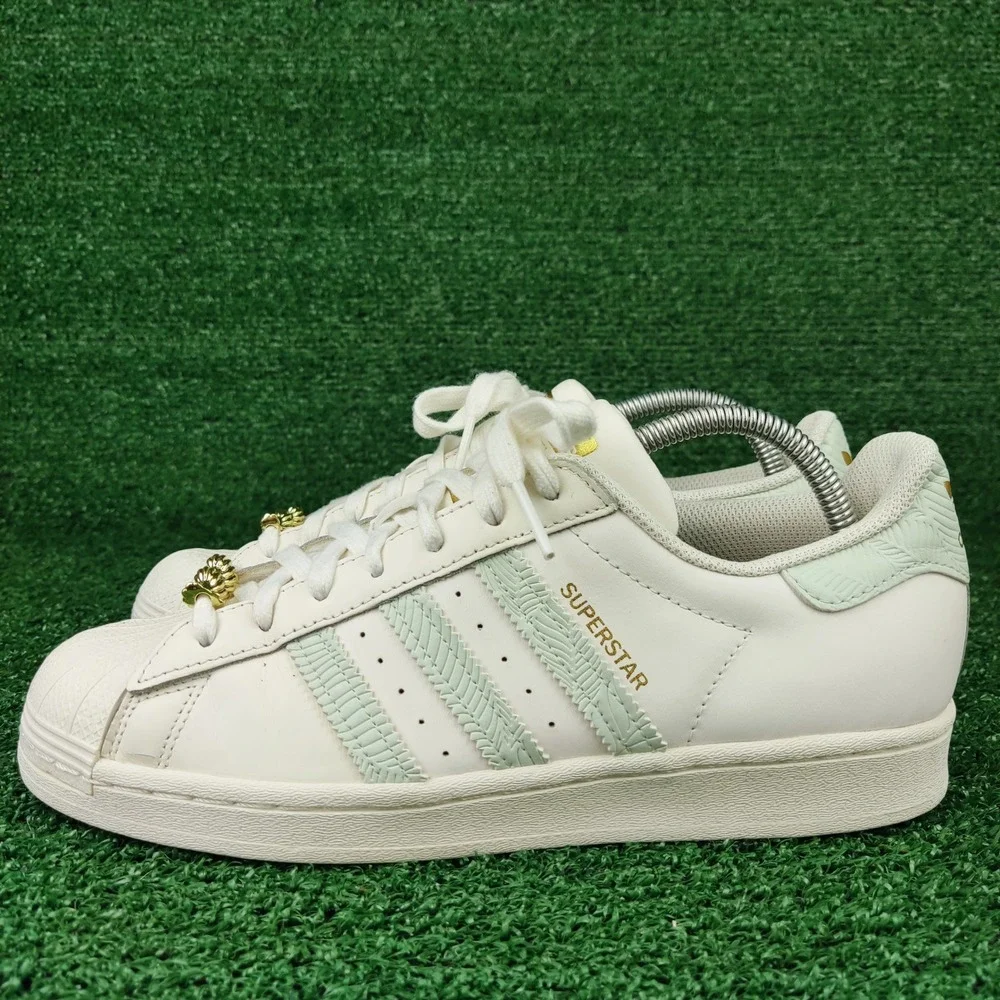 Adidas Sneakers Womens 9.5 White‎ Superstar HQ6963 Mint Green Gold Lace Jewels